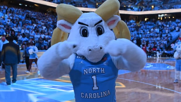 Nov 6, 2023; Chapel Hill, North Carolina, USA; North Carolina Tar Heels mascot before the game at Dean E. Smith Center. Mandatory Credit: Bob Donnan-USA TODAY Sports